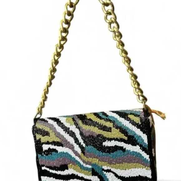 Hand Made in India Beaded Shoulder Abstract Design Bag Thick Chain NWT - Picture 4 of 6